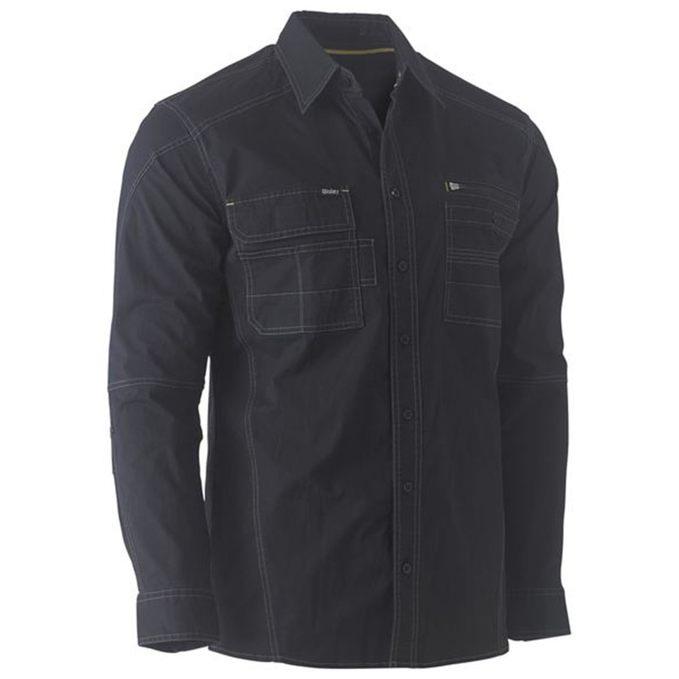 Charcoal long sleeve work shirt with contrast stitching, dual chest pockets and button front closure
