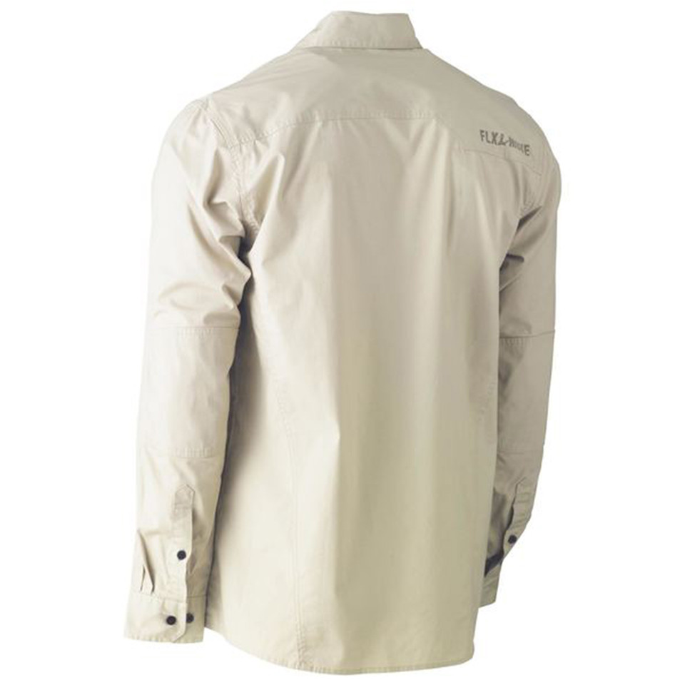 Sand long sleeve work shirt rear view, smooth back panel, button cuffs with snap detail and small chest branding