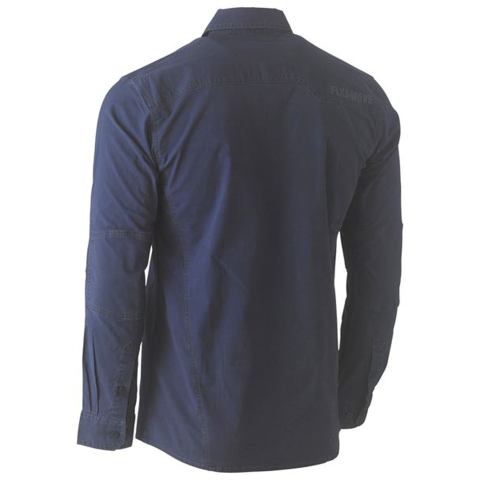Navy long sleeve work shirt rear view showing articulated back yoke, pen pocket tab, and utility stitching details