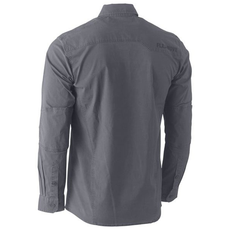 Charcoal grey long sleeve work shirt rear view showing articulated elbows, utility pockets and yoke seam
