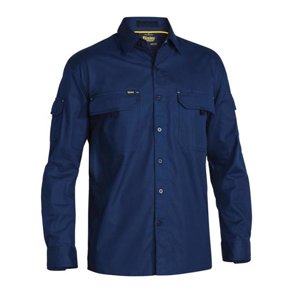 Navy blue long sleeve ripstop work shirt with twin chest pockets and roll-up sleeve tabs