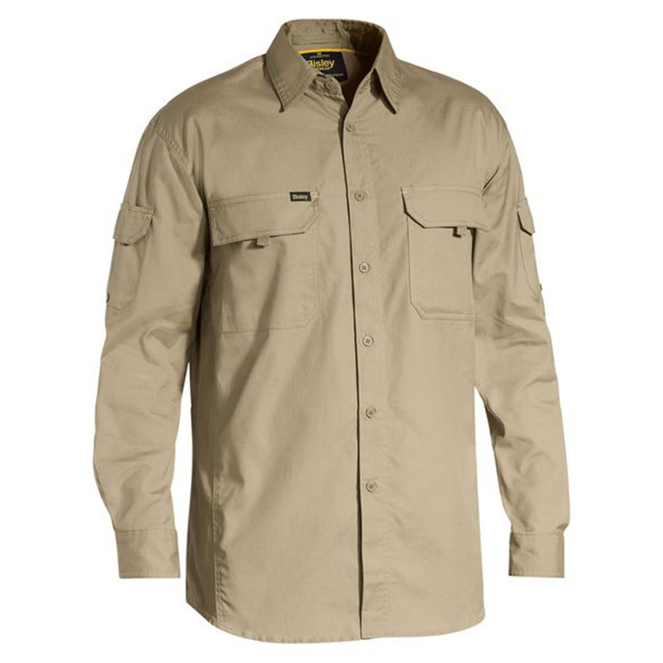 Sand khaki long sleeve work shirt with twin chest pockets, button front and roll-up sleeve tabs