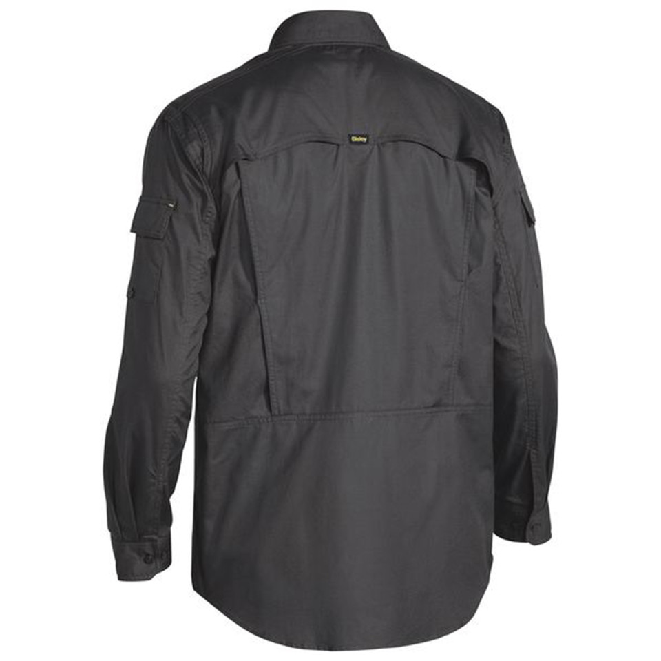 Charcoal long sleeve work shirt rear view showing ventilation panels, roll-up sleeve tabs and utility pocket
