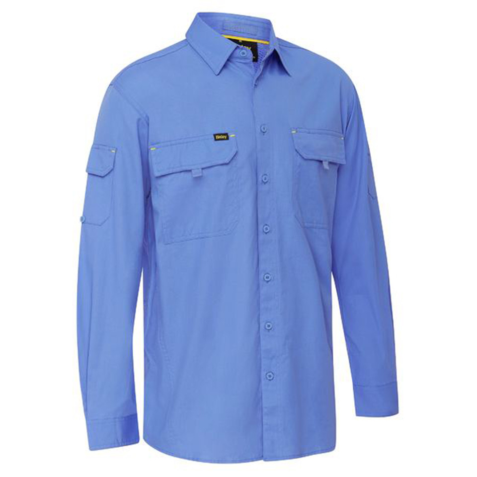 Periwinkle blue work shirt with dual chest pockets, button front, roll-up long sleeves and collar