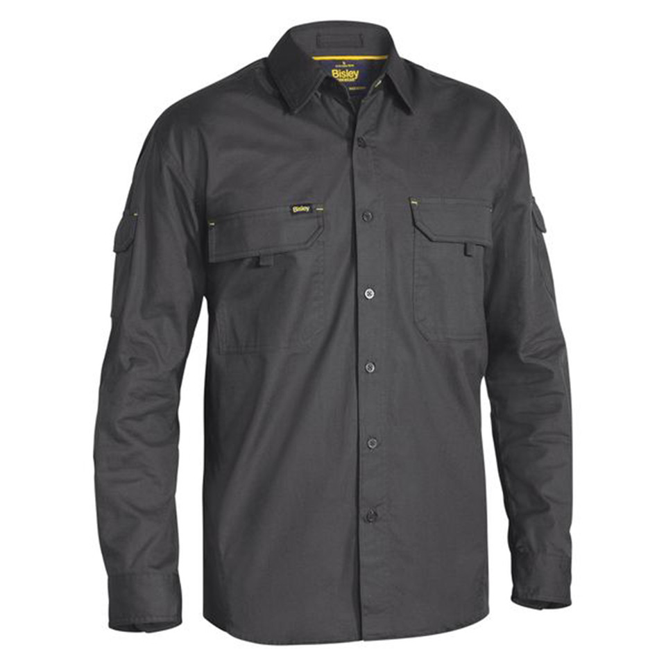 Charcoal long sleeve ripstop work shirt with dual chest pockets, button front and roll-up sleeve tabs