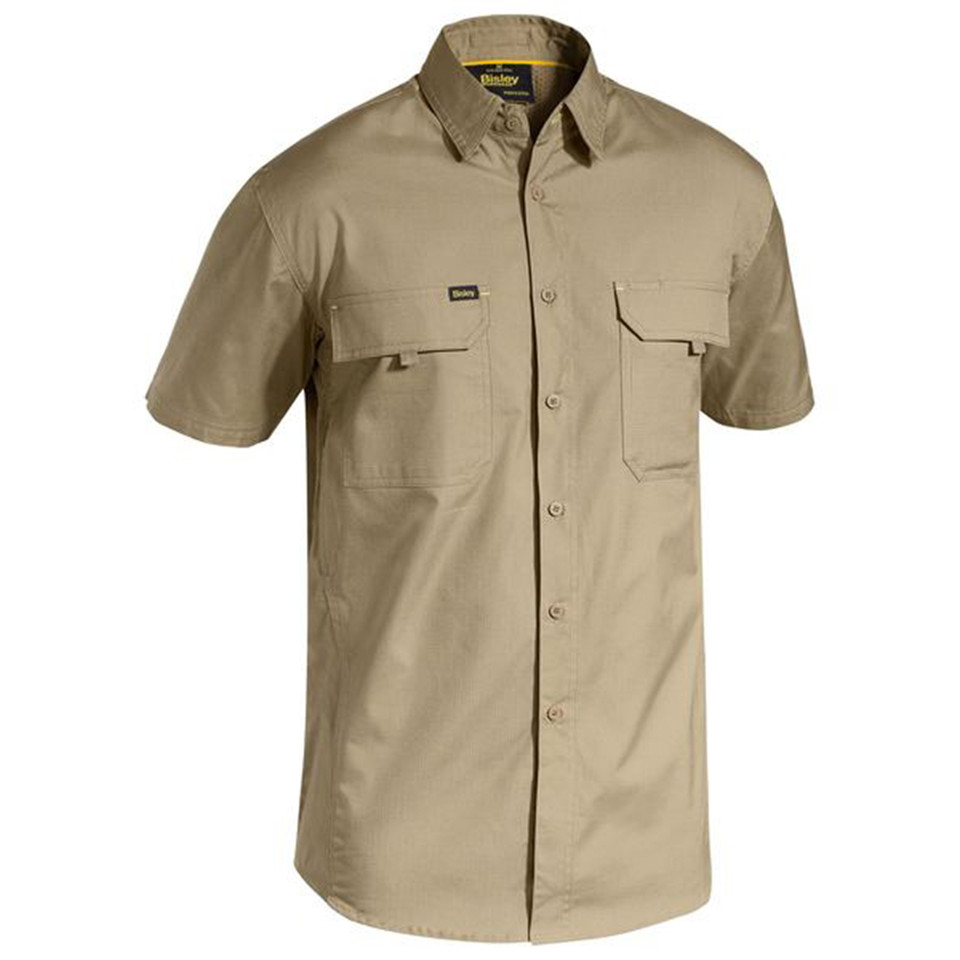 Khaki ripstop short sleeve work shirt with button front closure and dual chest pockets with flaps