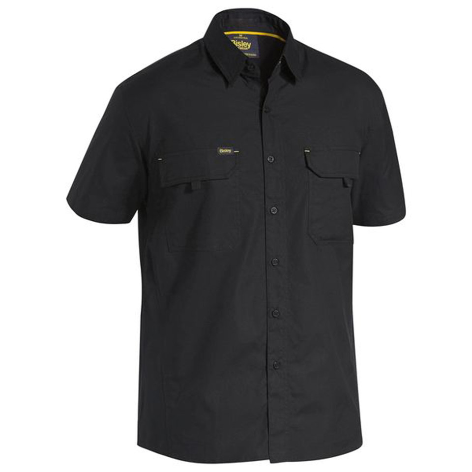 Black ripstop short sleeve work shirt with dual chest pockets and button front closure