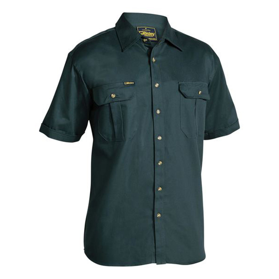 Bottle green short sleeve work shirt with twin chest pockets and button-down flaps