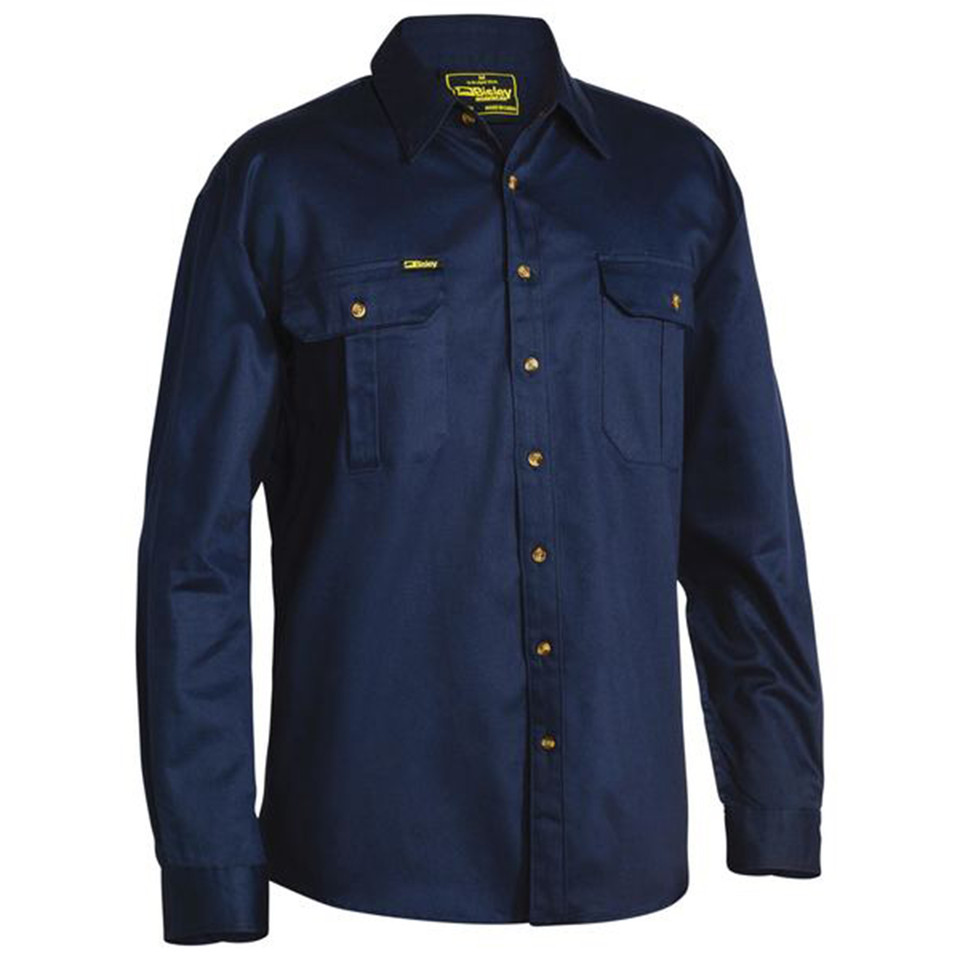 Navy drill work shirt with twin chest pockets and brass snap buttons on white background