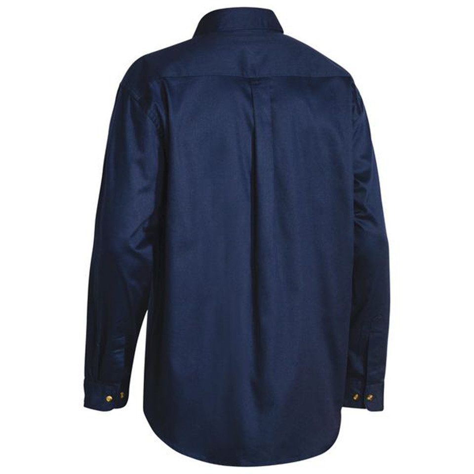 Navy cotton drill work shirt back view with roll-up sleeves and collar detail
