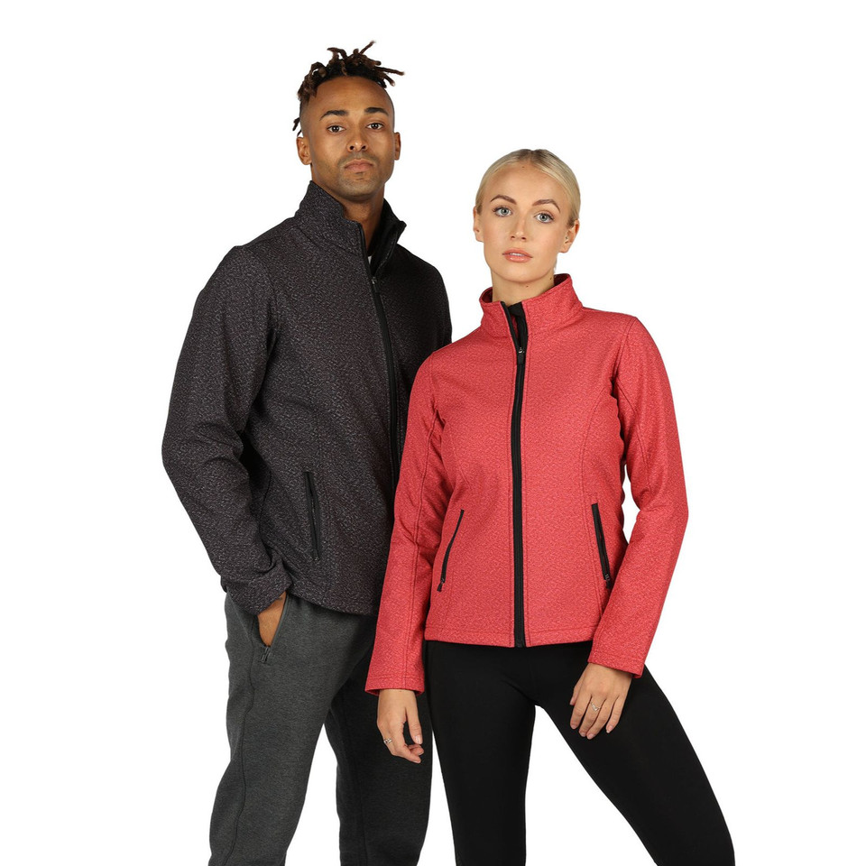 SUNHILL Ladies Heather Soft Shell Jacket, a windproof and water-resistant women's jacket with a warm fleece lining, perfect for outdoor corporate or team wear.