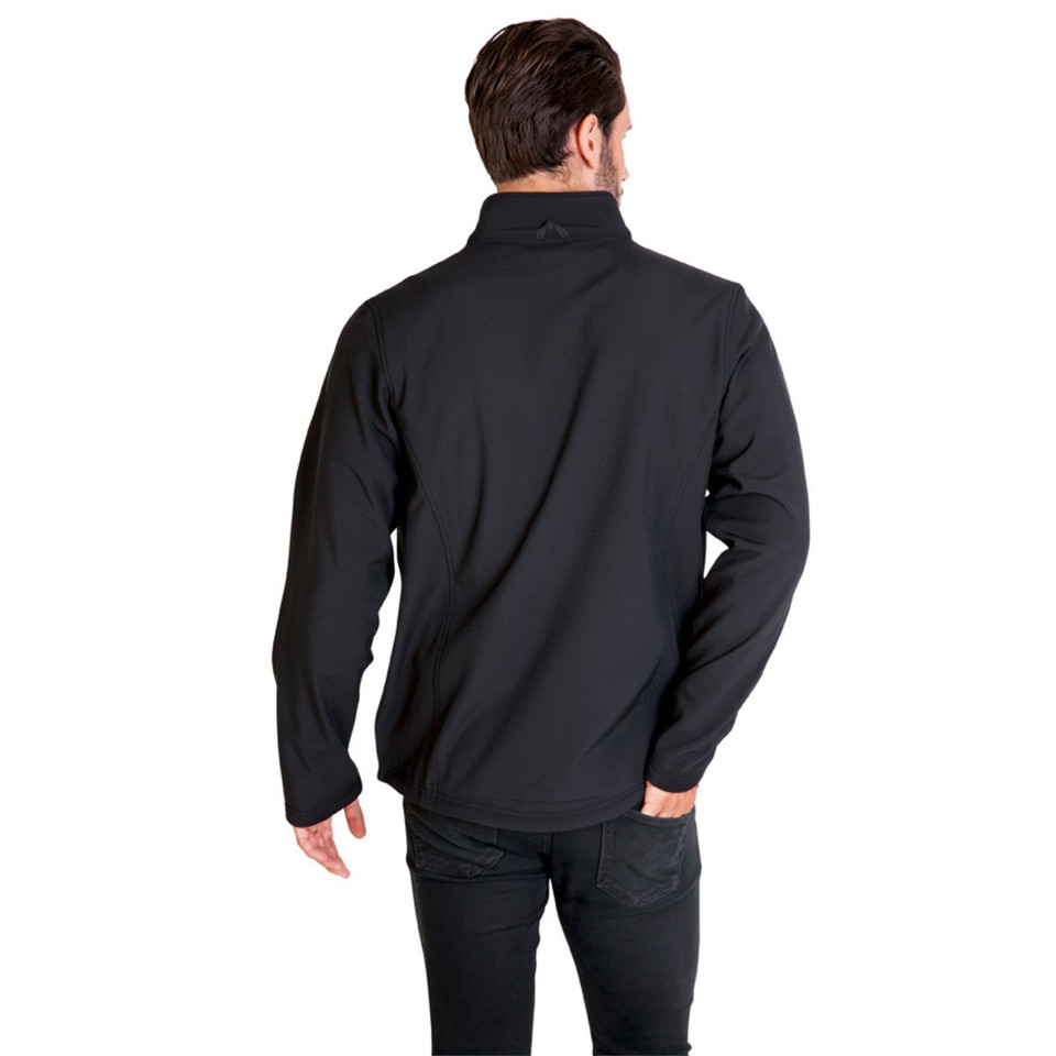 Rear view of man wearing black heather soft shell jacket with stand collar and clean back panel