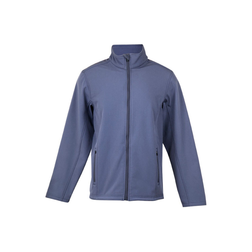 Steel blue heather soft shell jacket with stand collar, full-length zip and side zip pockets