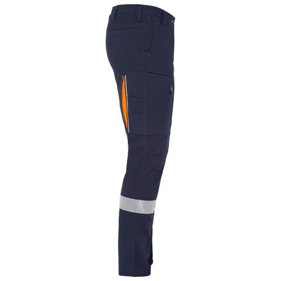 Navy stretch ripstop cargo pant with orange side vent panel, multiple pockets, and silver reflective tape at lower leg