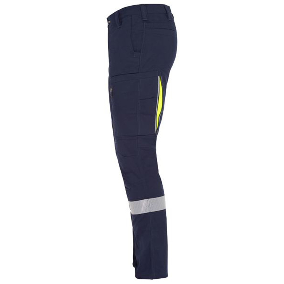 Navy stretch cargo work pant with hi-vis yellow side panel, reflective tape at lower leg, and multiple cargo pockets