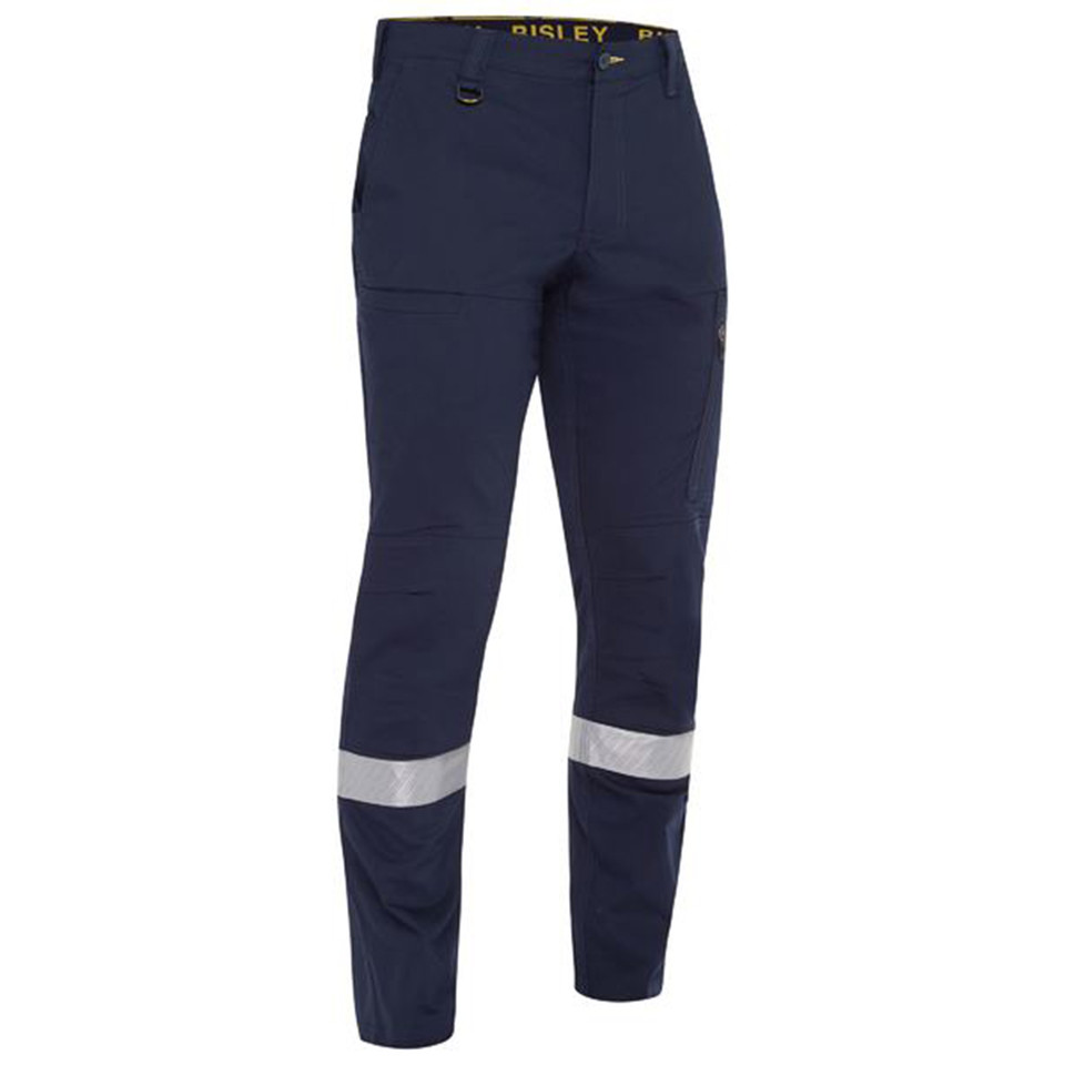 Navy ripstop cargo pants with silver reflective tape bands above the knee, slim fit, zip fly