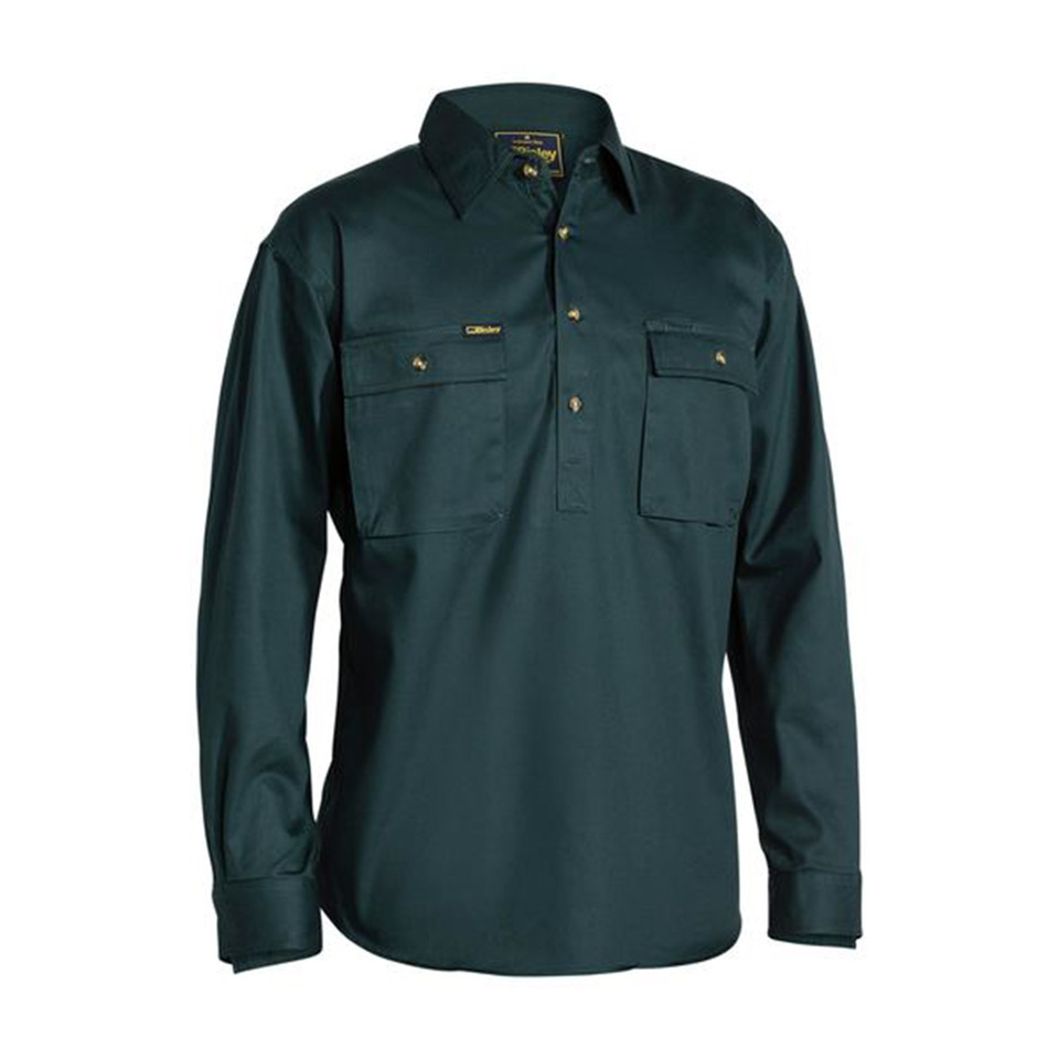 Bottle green cotton drill work shirt with twin chest pockets and button-through placket
