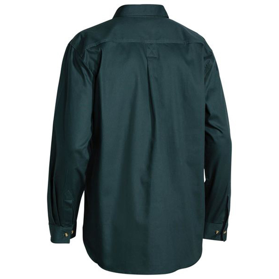 Dark teal cotton drill work shirt shown from back with button-down collar, yoke detail and snap-button cuffs