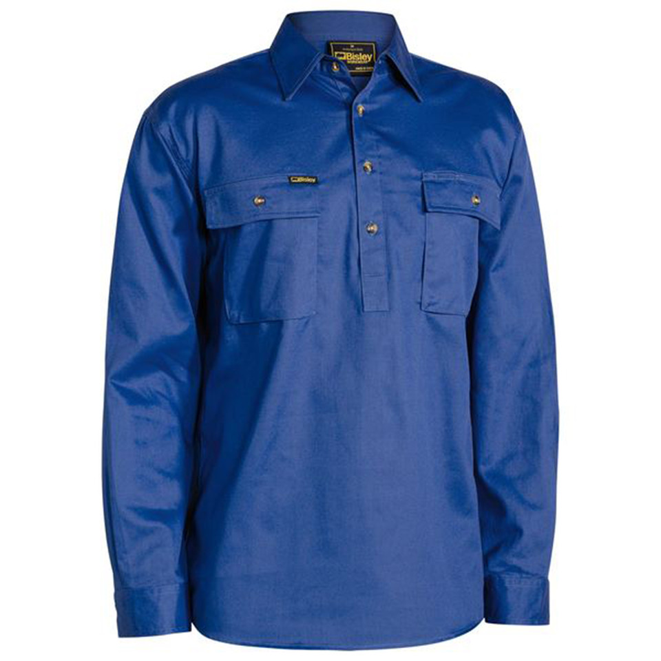 Royal blue long sleeve work shirt with button-down collar, dual chest pockets with button flaps and pen slot