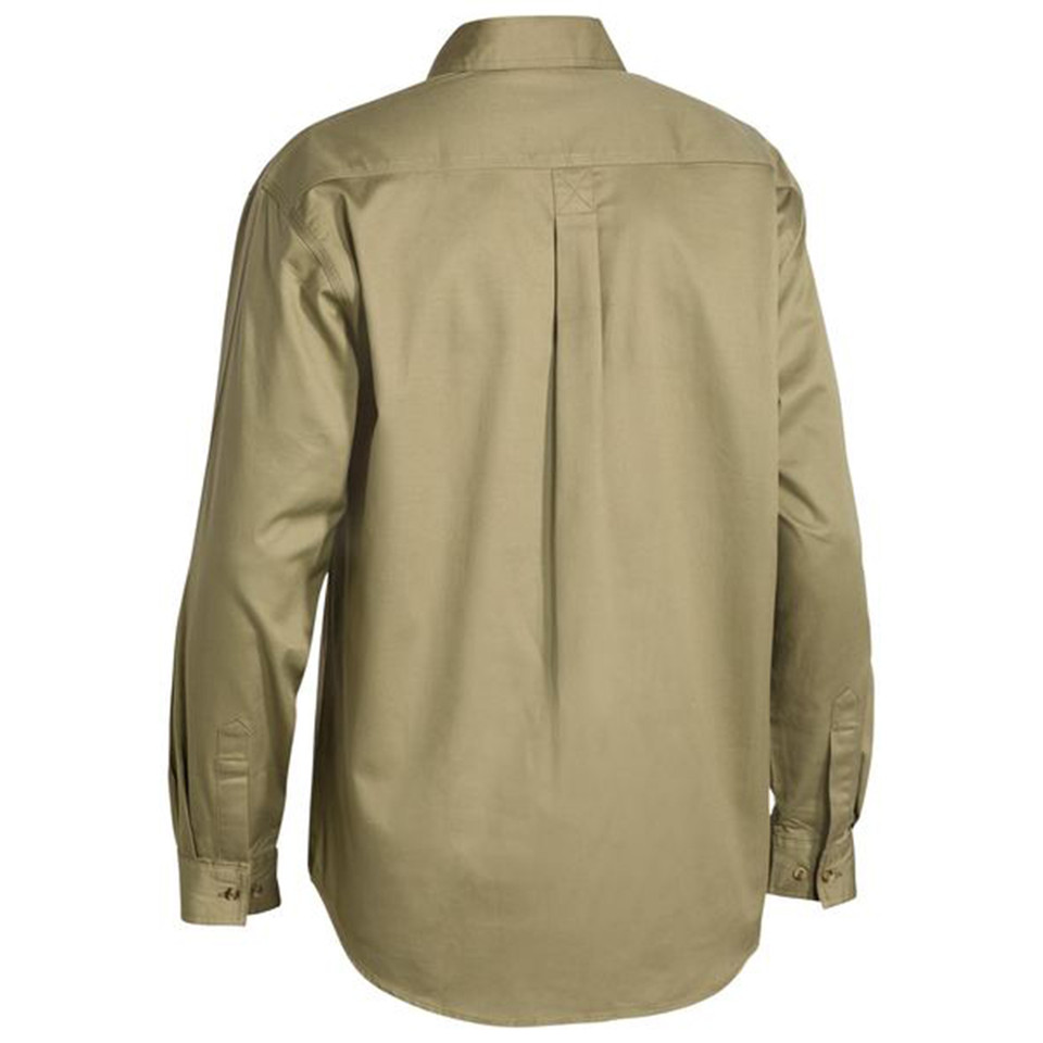 Back view of khaki long sleeve work shirt with button cuffs, centre pleat and chest pocket