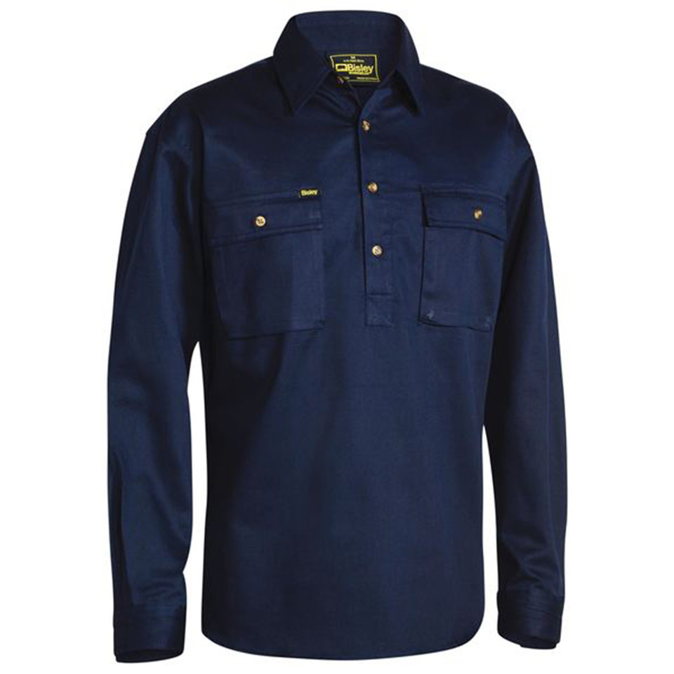 Bisley Closed Front Cotton Drill Shirt - Long Sleeve- Navy Blue Bisley Closed Front Cotton Drill Shirt - Long Sleeve- Navy Blue