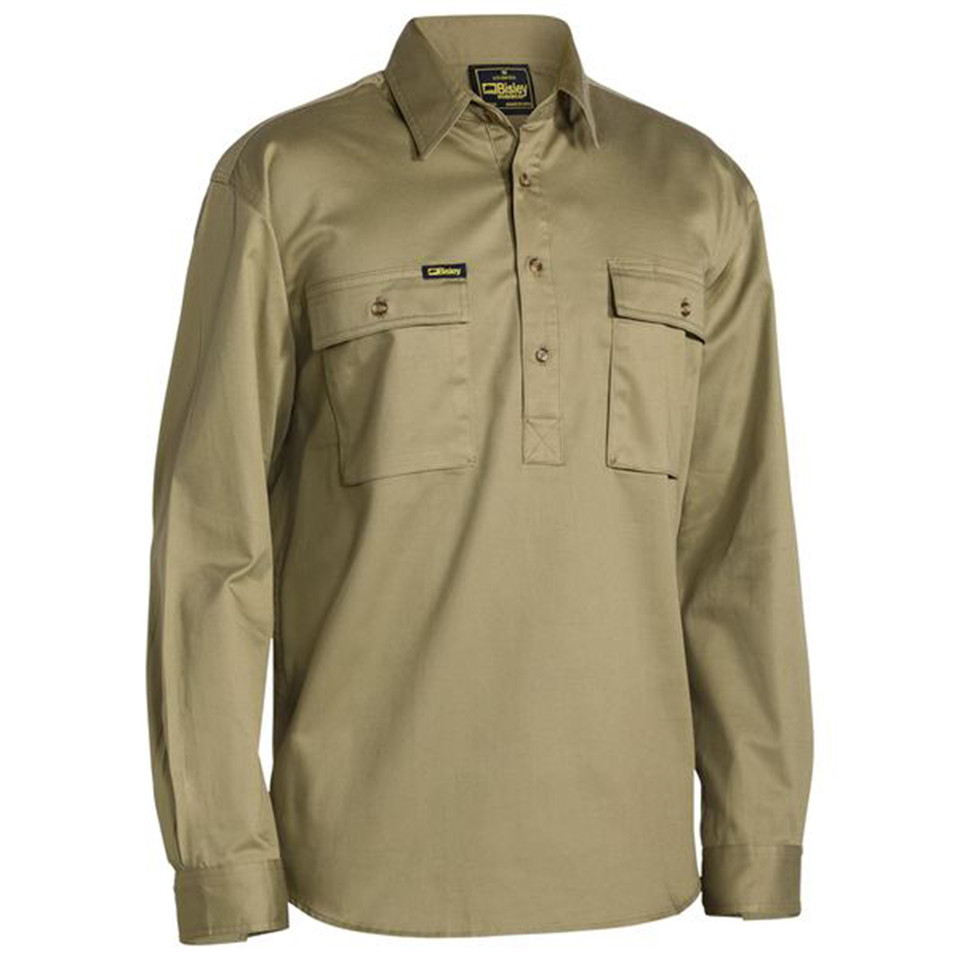 Bisley Closed Front Cotton Drill Shirt - Long Sleeve- Khaki Bisley Closed Front Cotton Drill Shirt - Long Sleeve- Khaki