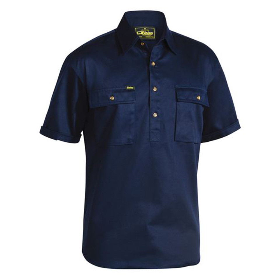 Navy short sleeve work shirt with dual chest pockets and button-through placket