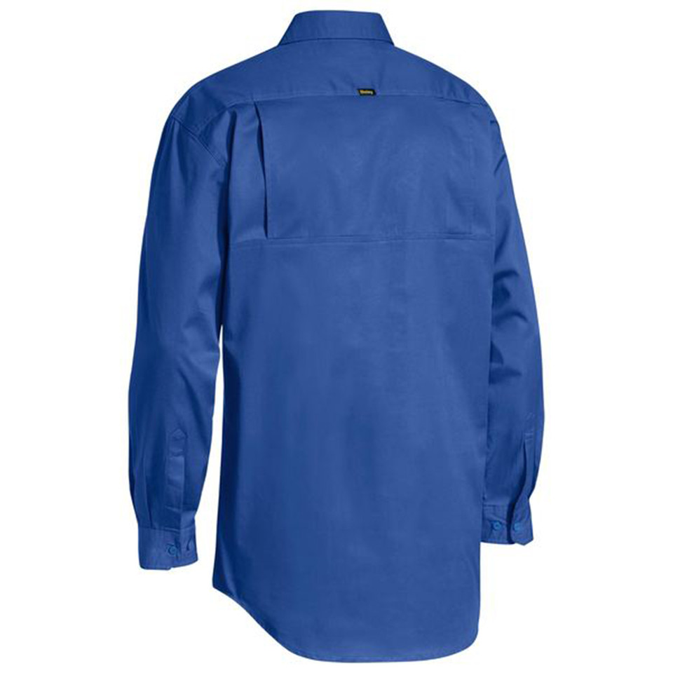 Royal blue long sleeve work shirt back view with action pleats and vented sides