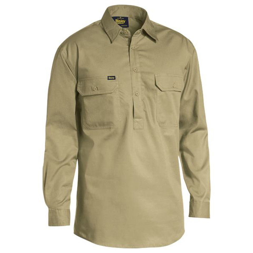 Khaki long sleeve work shirt with button collar, dual chest pockets with flaps and pen slot