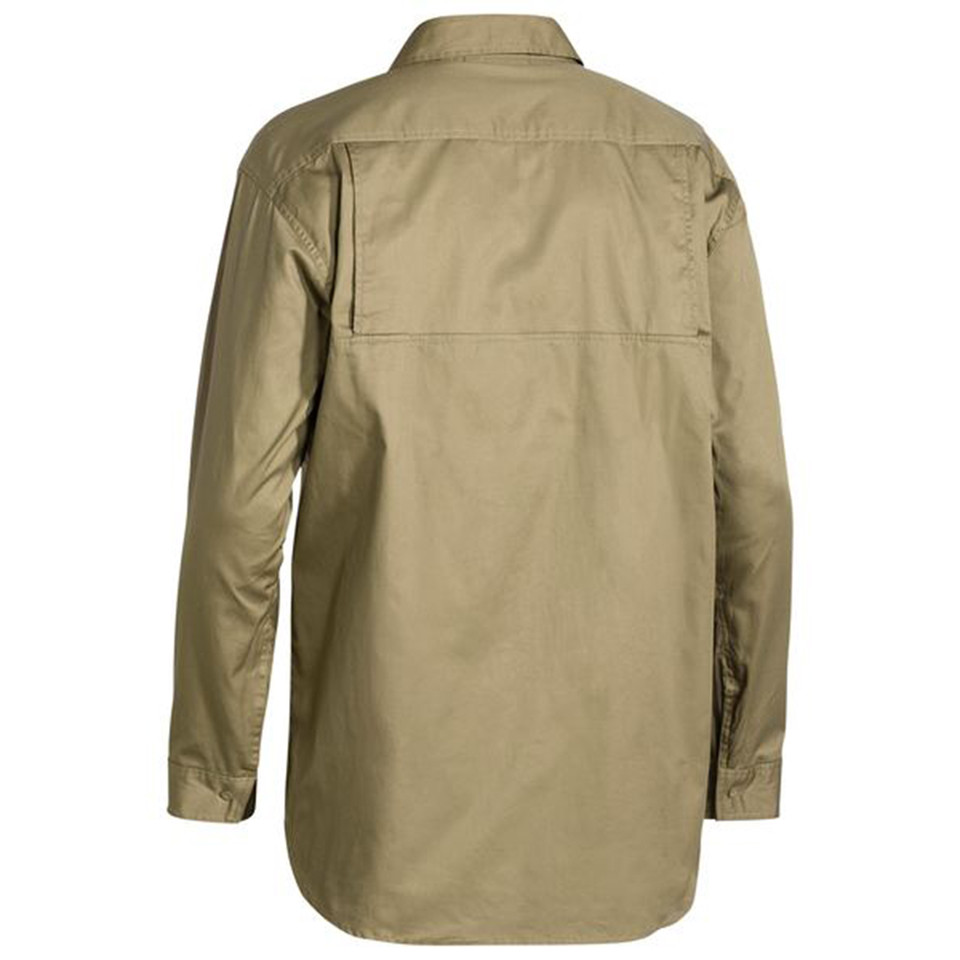 Khaki long sleeve drill shirt with button front closure and dual chest pockets shown from back