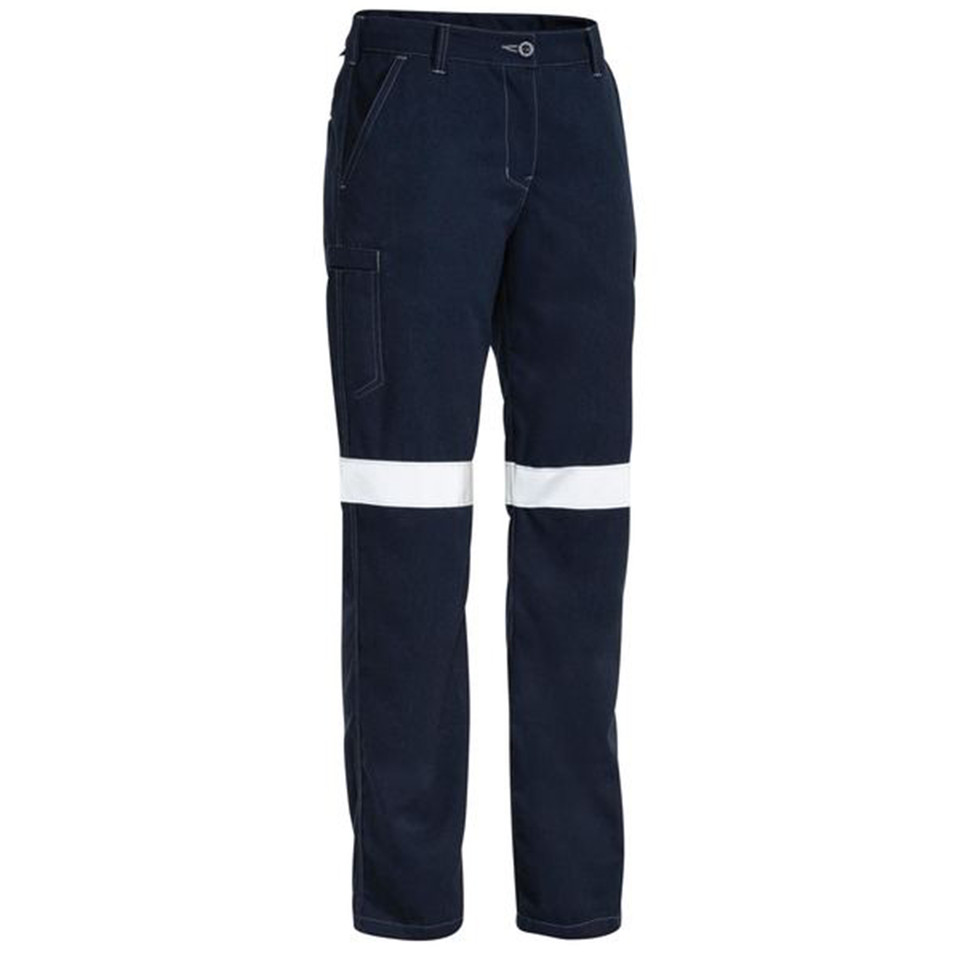Navy women's fire resistant cargo pants with white reflective tape band across lower legs
