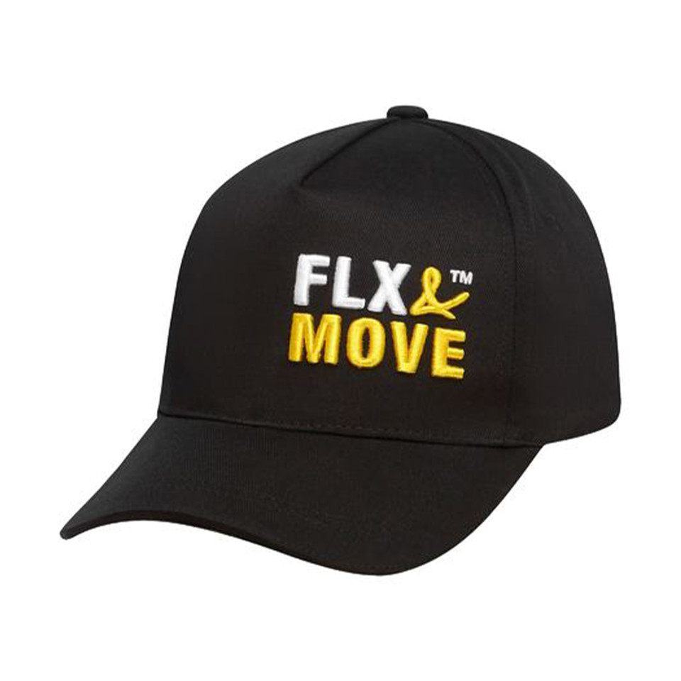 Black structured baseball cap with white and yellow embroidered FLX & MOVE logo on smooth front panel