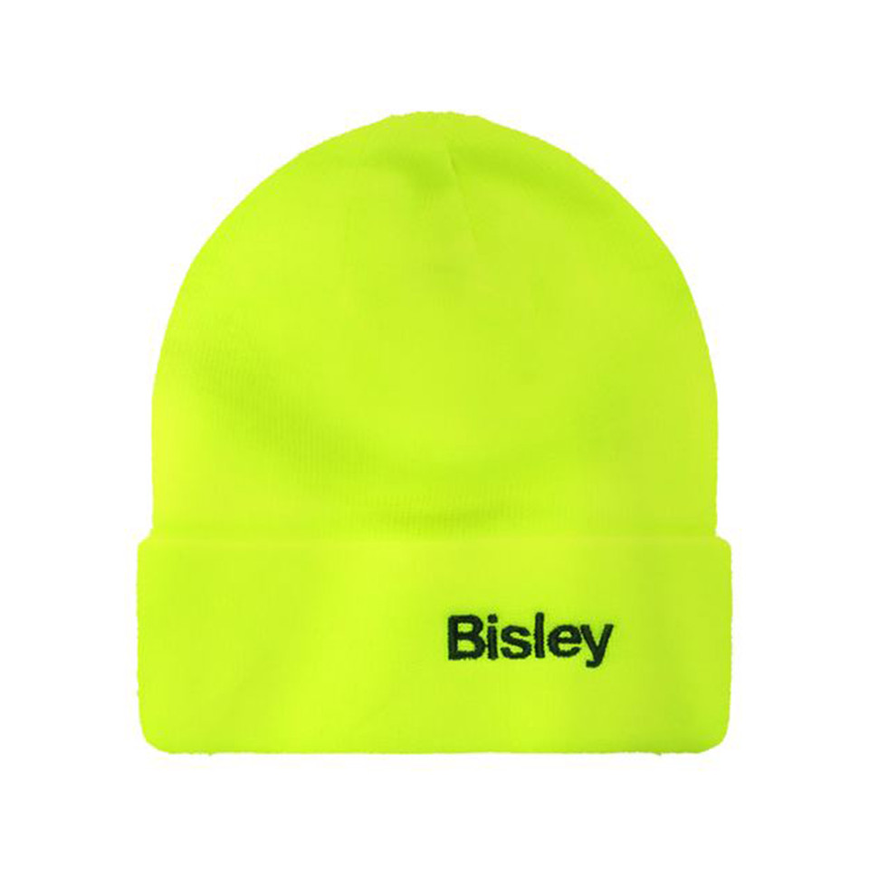 Hi-vis yellow rib knit beanie with fold-over cuff and embroidered Bisley logo on front panel