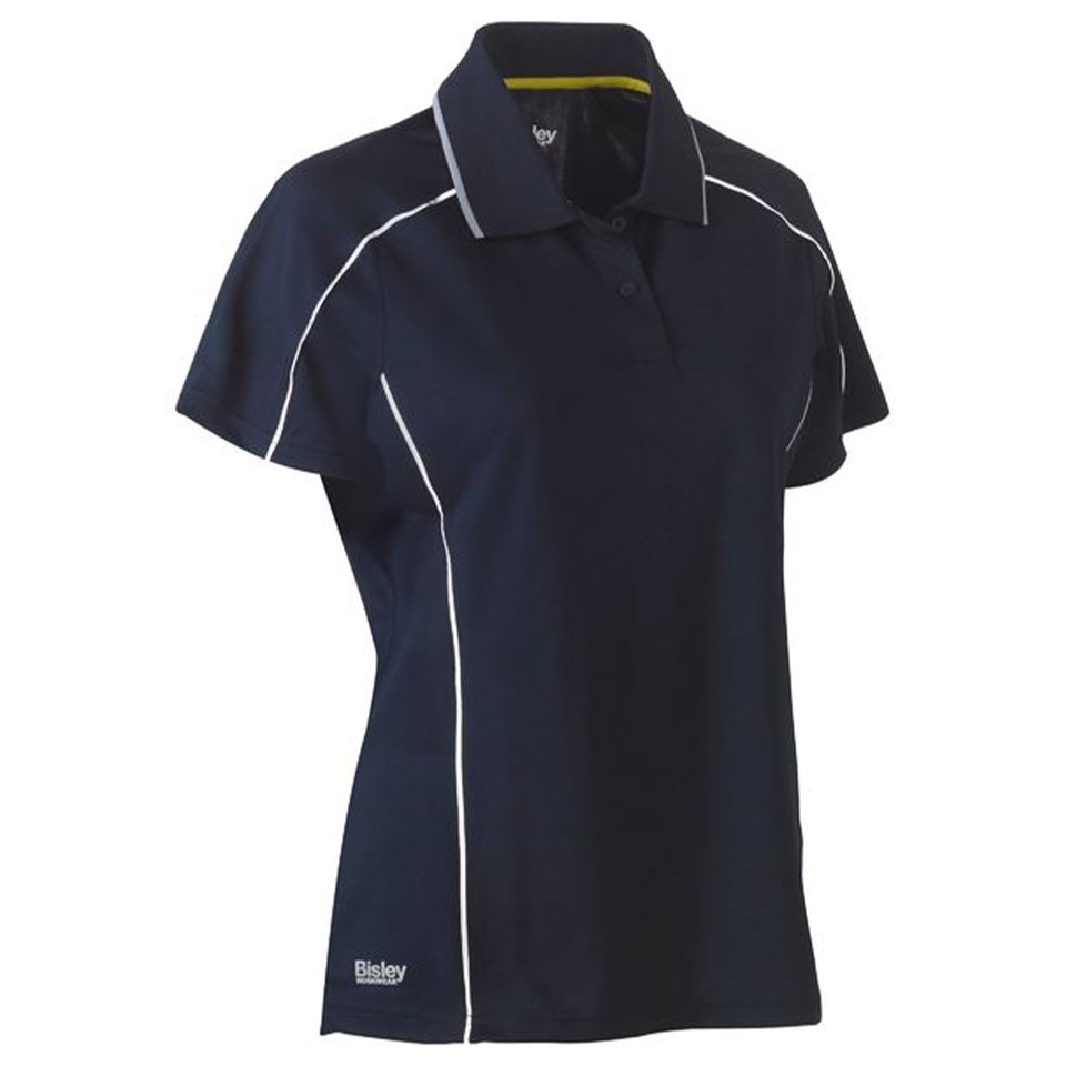 Navy women's polo shirt with white reflective piping along side panels and collar, three-button placket