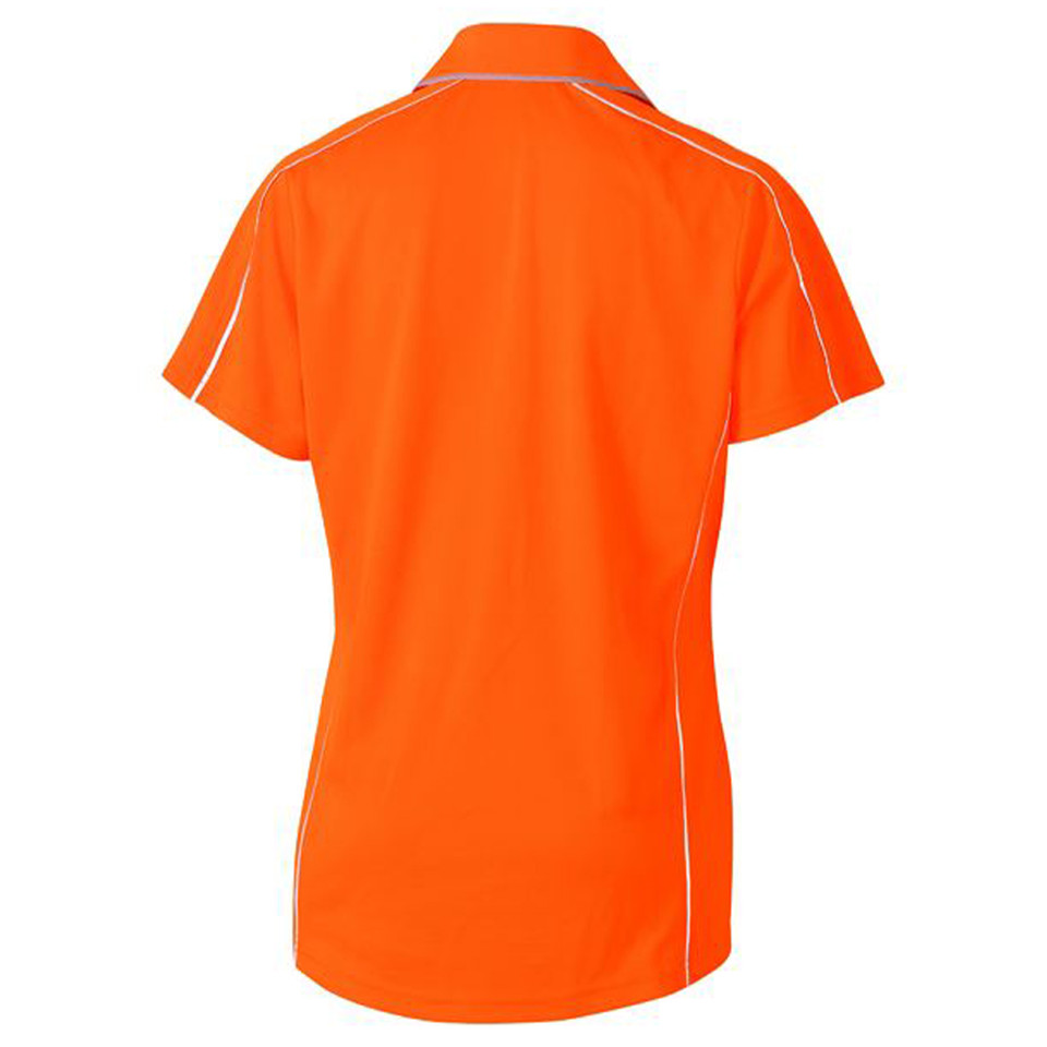Orange women's short sleeve polo shirt with white reflective piping along shoulders and side seams, rear view packshot