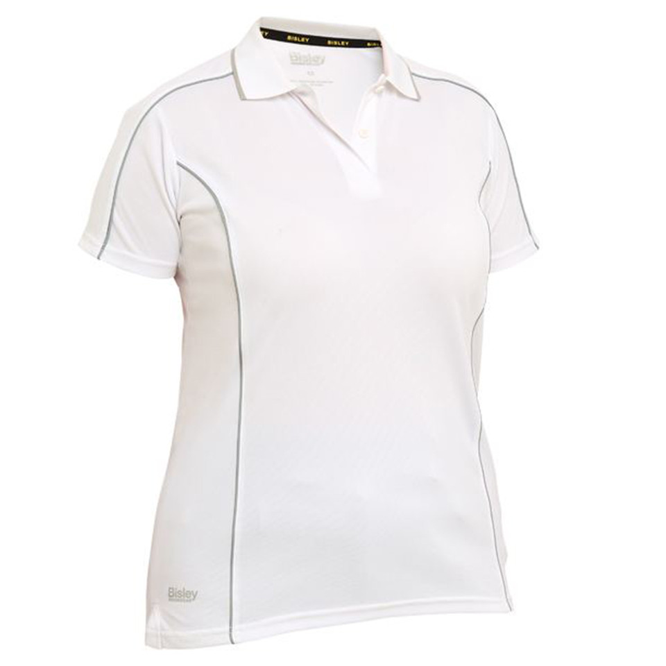 White women's polo shirt with grey reflective piping, side panels, open collar, short sleeves — packshot