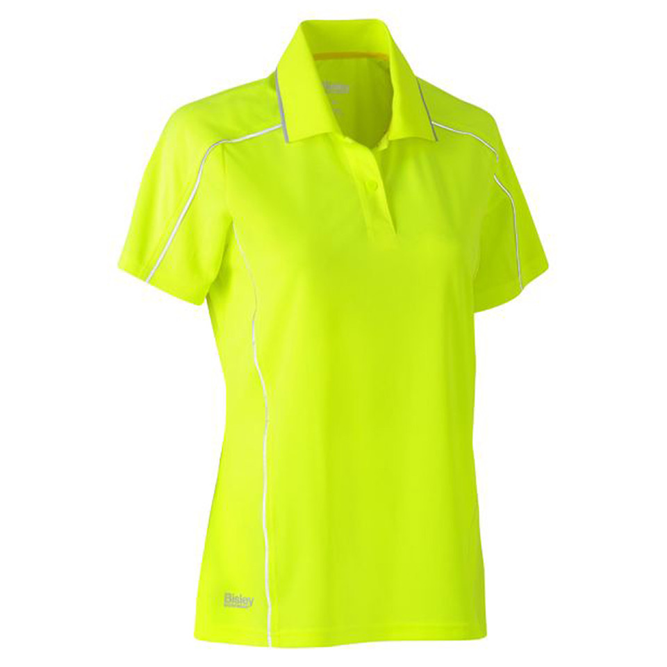 Women's hi-vis yellow polo shirt with reflective white piping, spread collar, and short sleeves