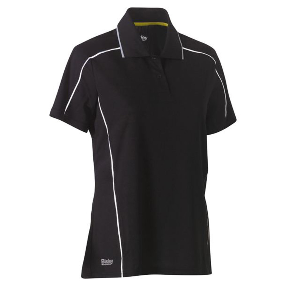 Black women's polo shirt with white reflective piping along shoulders and side seams, three-button placket
