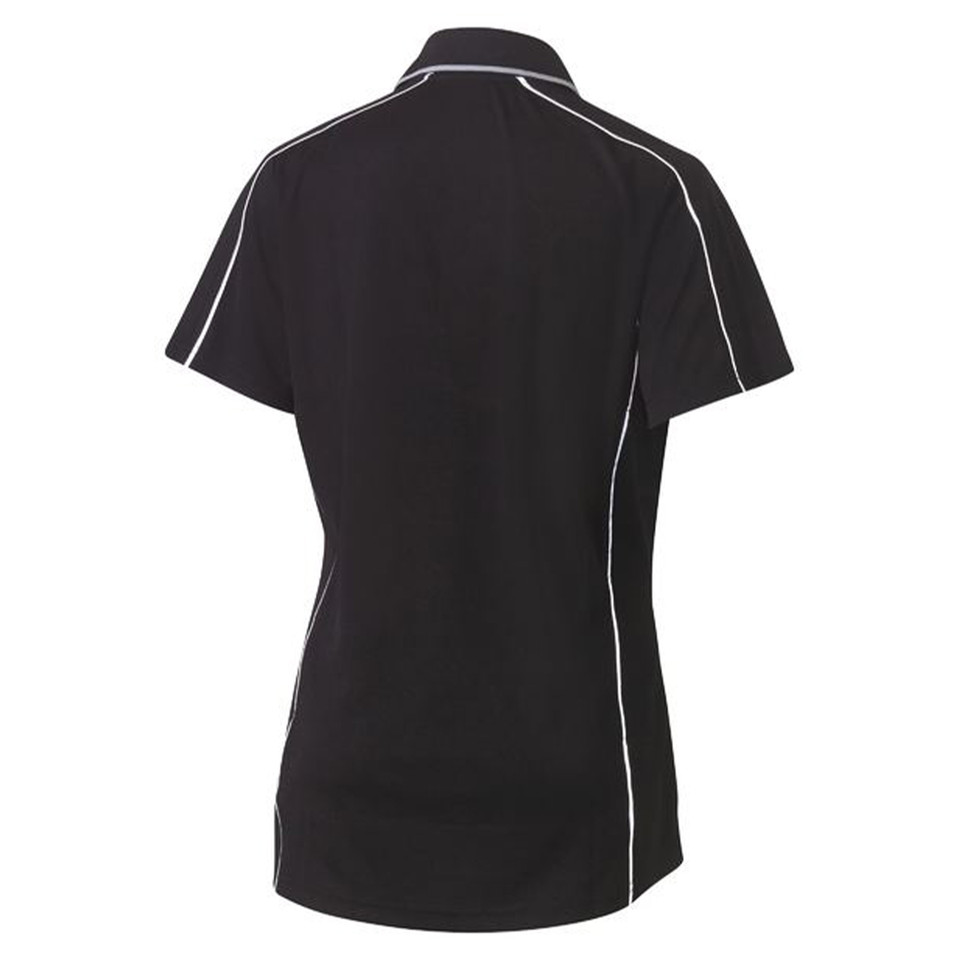 Black women's short-sleeve polo shirt rear view with white reflective piping along collar and side seams