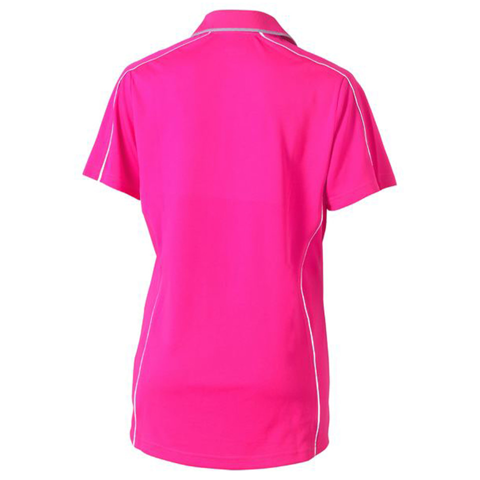 Back view of hot pink women's polo shirt with white reflective piping along shoulders and side seams
