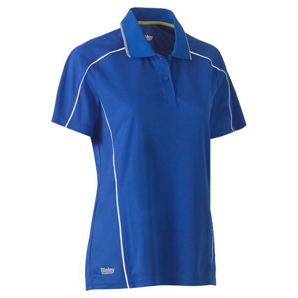Royal blue women's polo shirt with white reflective piping, three-button placket and contrast collar detail