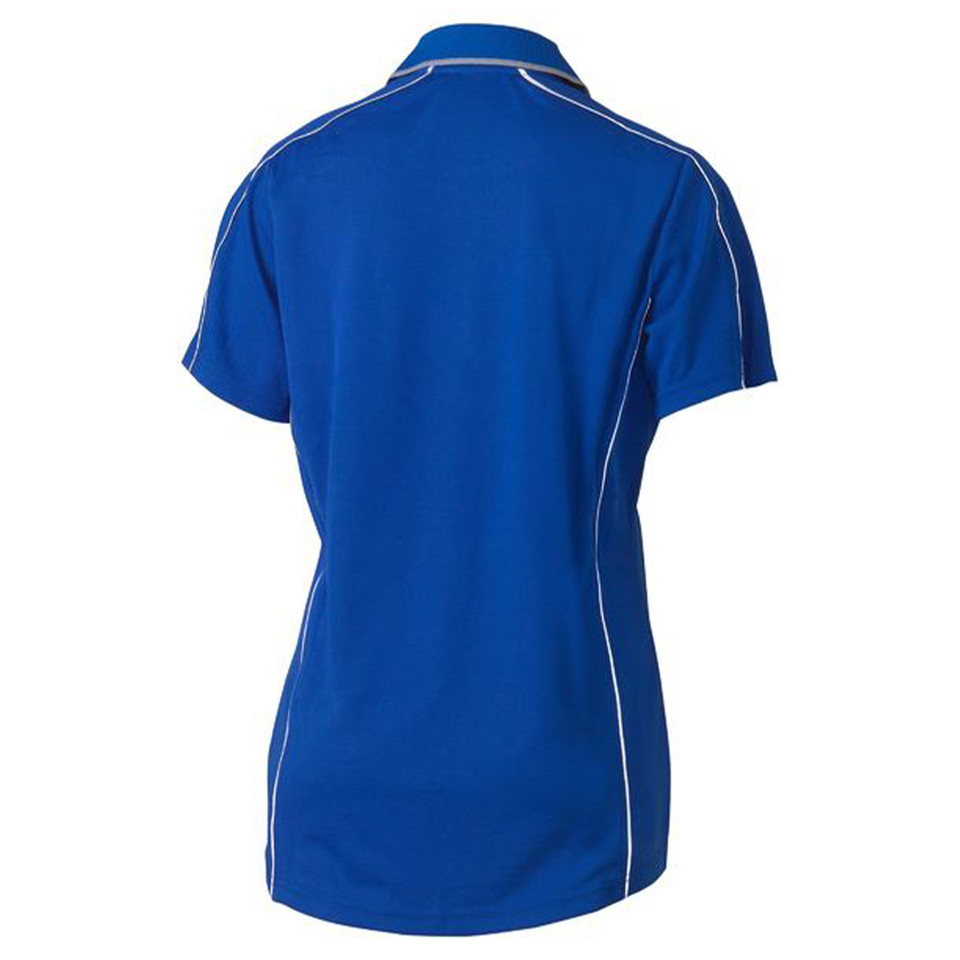 Royal blue women's polo shirt rear view with white reflective piping along shoulders and side seams