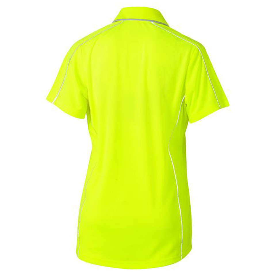 Back view of a safety yellow women's polo shirt with reflective white piping along seams and collar