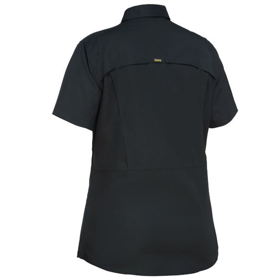 Charcoal women's short sleeve work shirt rear view showing back yoke panel and Bisley tab detail
