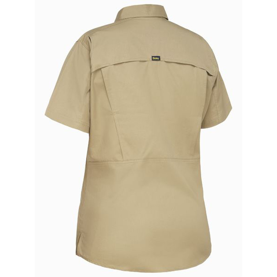 Sand ripstop work shirt with mesh ventilation panels and utility pocket, back view