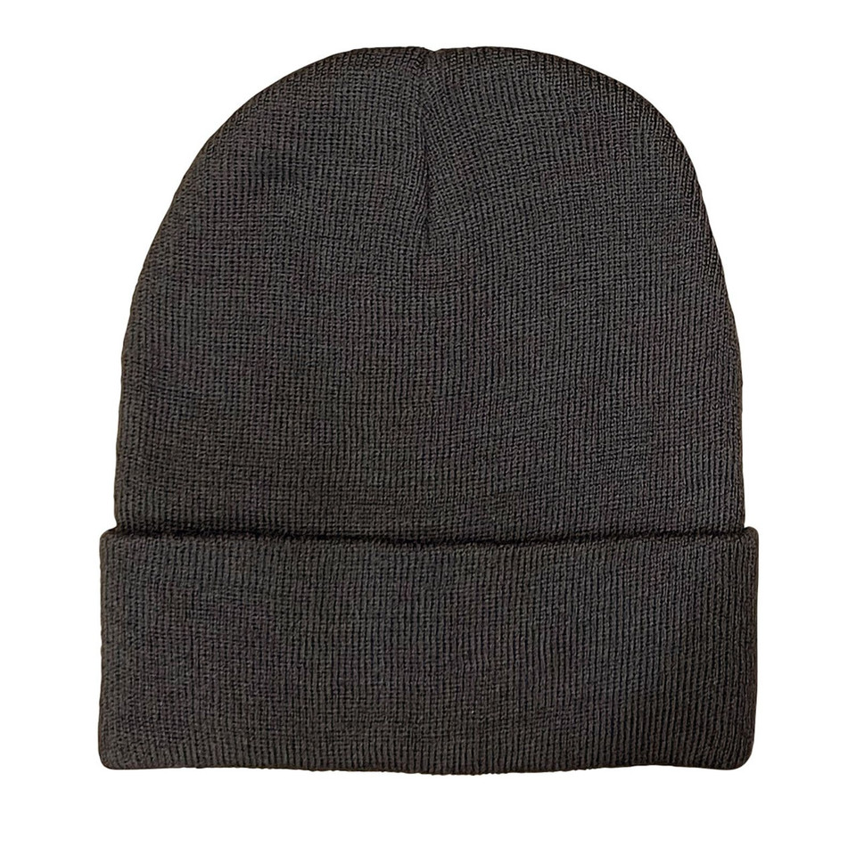 Charcoal grey ribbed knit beanie with wide roll-up cuff and fitted crown
