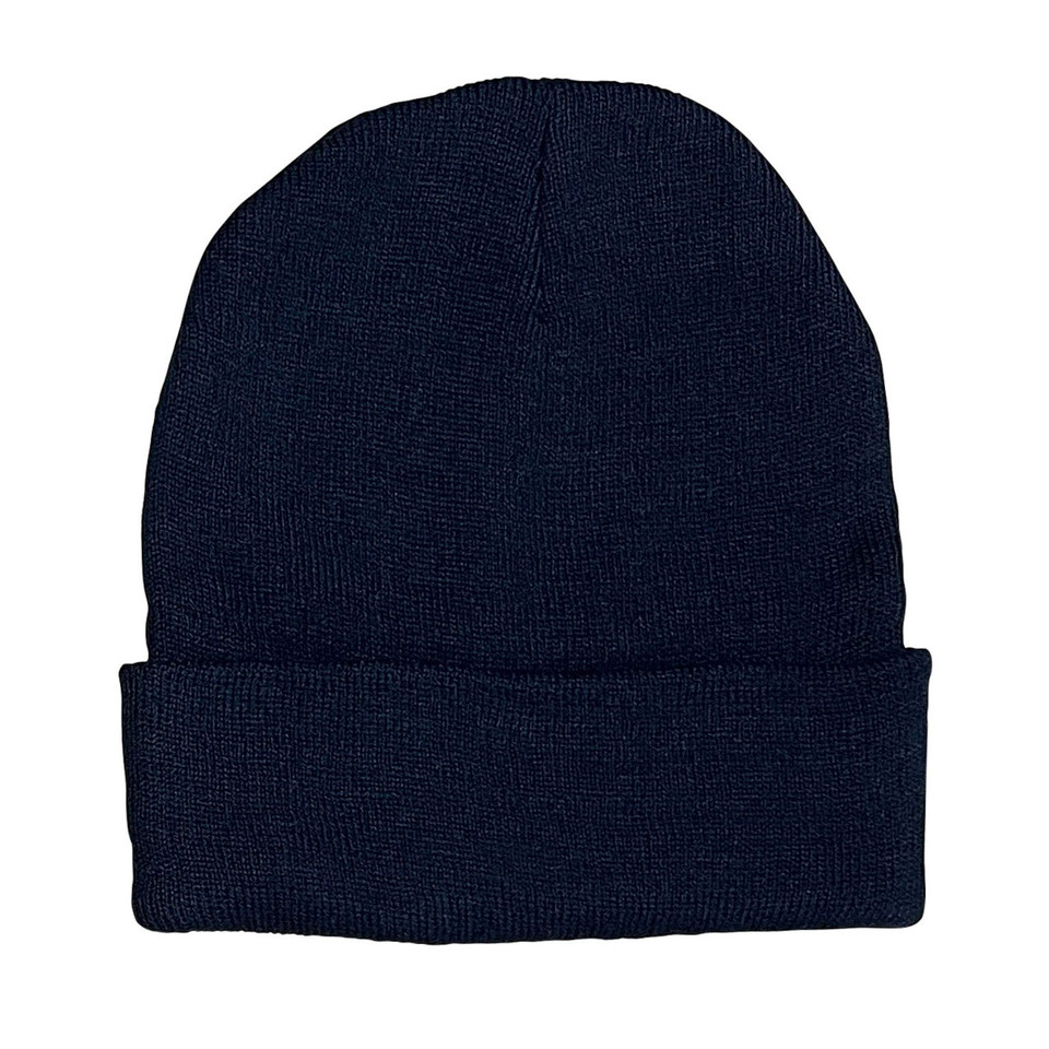 Navy knit beanie with roll-up cuff and ribbed texture