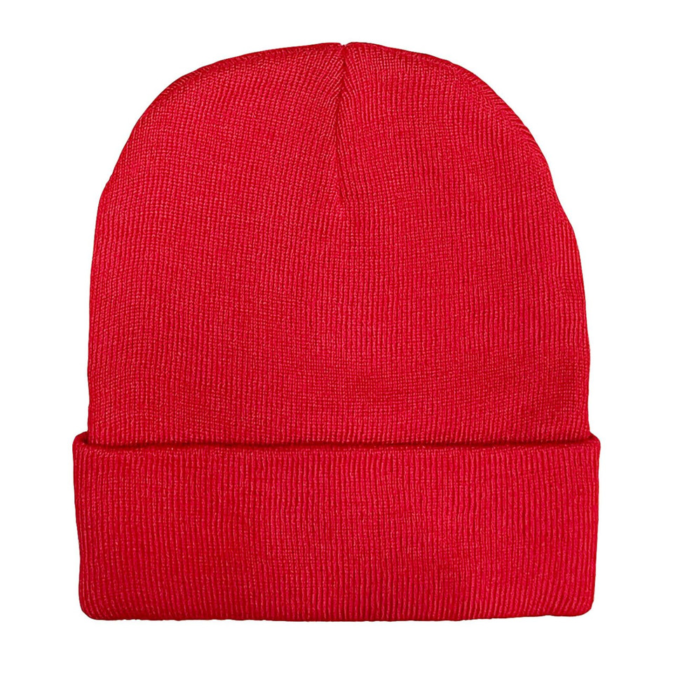 Red recycled knit beanie with wide fold-up cuff, ribbed texture, packshot on white
