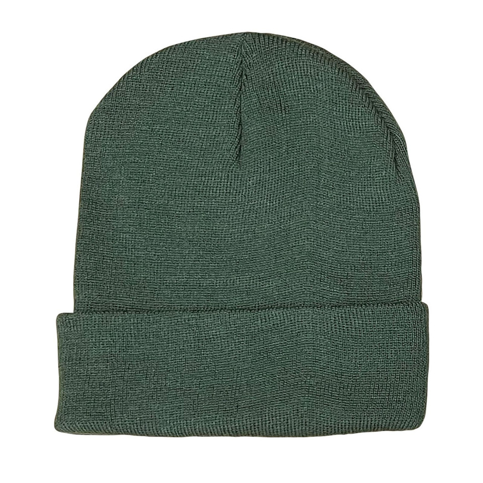Forest green recycled knit beanie with cuffed roll-up brim and ribbed texture