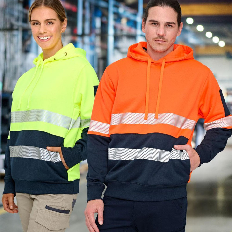 LALOR high-visibility fleece hoodie with segmented reflective tape for maximum comfort and day/night work safety compliance.